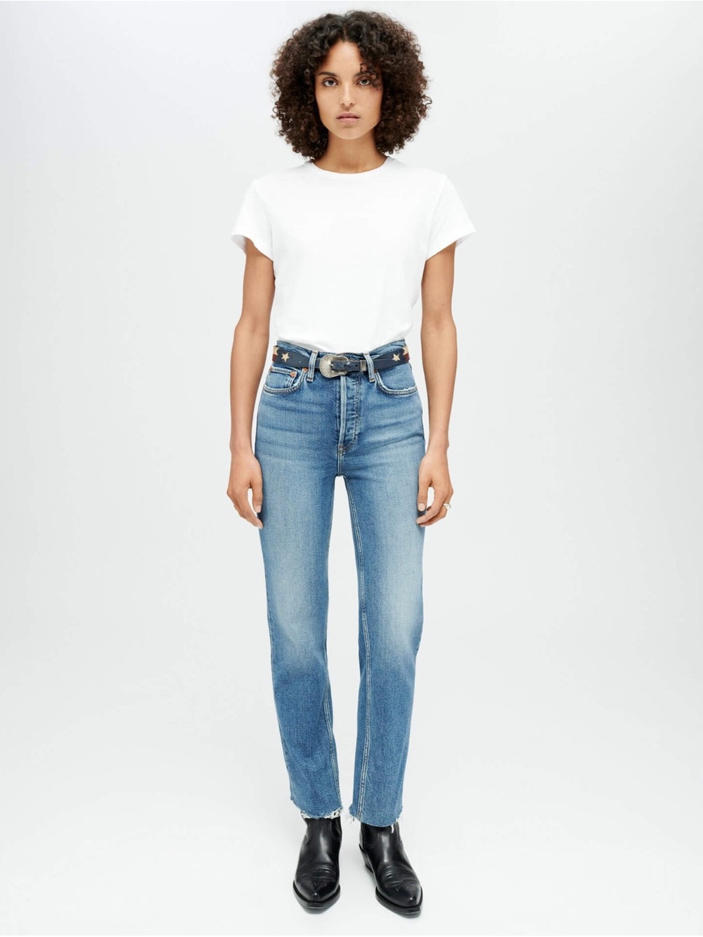 Re/Done High-Rise Straight Jeans in Light-Mid Blue
